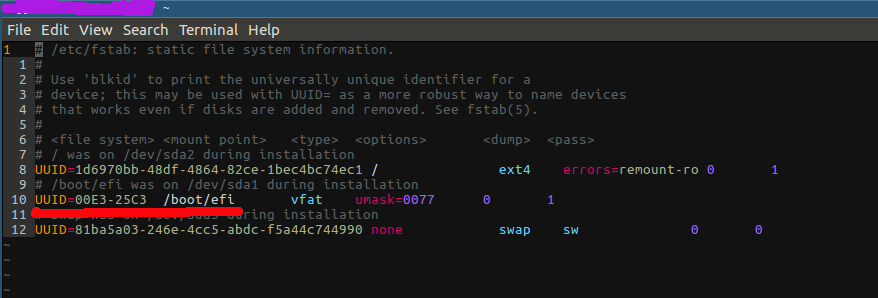 Updating the UUID to the etc fstab file