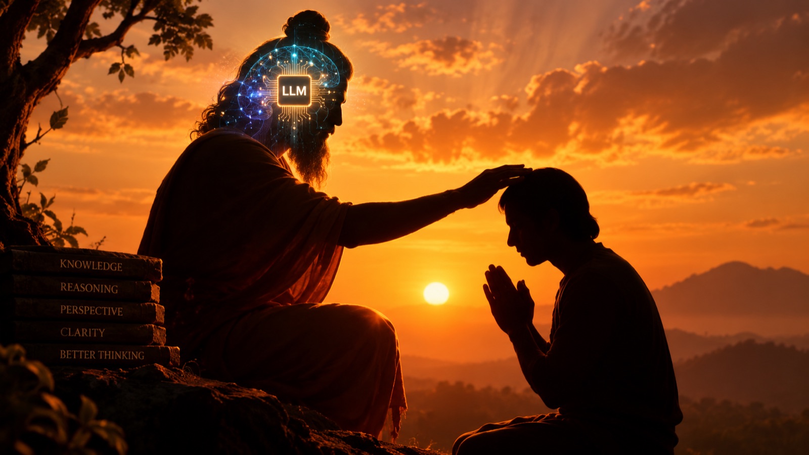 A guru at sunset, seated under a tree, whose head is a glowing circuit-board brain labelled LLM, placing a hand in blessing on a kneeling student; beside them a stack of books titled Knowledge, Reasoning, Perspective, Clarity and Better Thinking